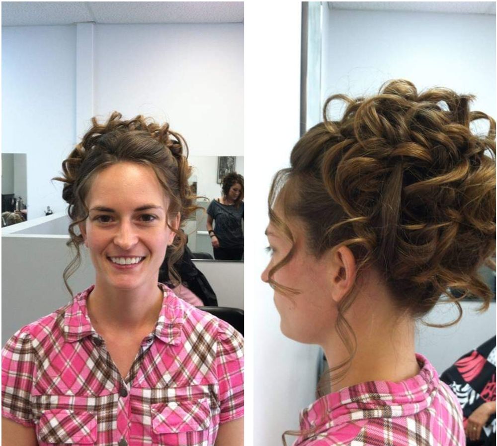 Front and back of a curly updo April styled
